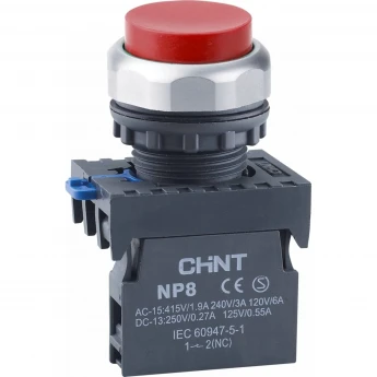 NP8-01GND/4 подсвет., самовозв., красн., AC110-230В(LED), 1НЗ, IP65 (R) Кнопка упр. выступ., CHINT Красный AC/DC
