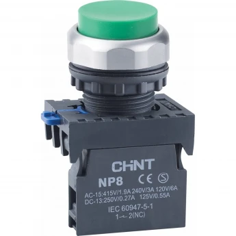 NP8-02GND/3 подсвет., самовозв., зелен., AC110-230В(LED), 2НЗ, IP65 (R) Кнопка упр. выступ., CHINT Зеленый AC/DC