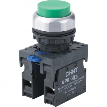 NP8-11GN/3 без подстветки, самовозвратом, зелен., 1НО+1НЗ, IP65 (R) Кнопка упр. выступ., CHINT Зеленый AC/DC