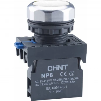 NP8-12BN/1 без подсветки, самовозв., белый, 1НО+2НЗ, IP65 (R) Кнопка упр. CHINT AC/DC Круглая